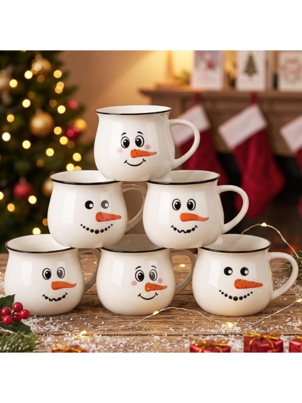 Set of 6 Snowman Christmas Ceramic Mugs - Winter Coffee Cups for Holiday Cheer